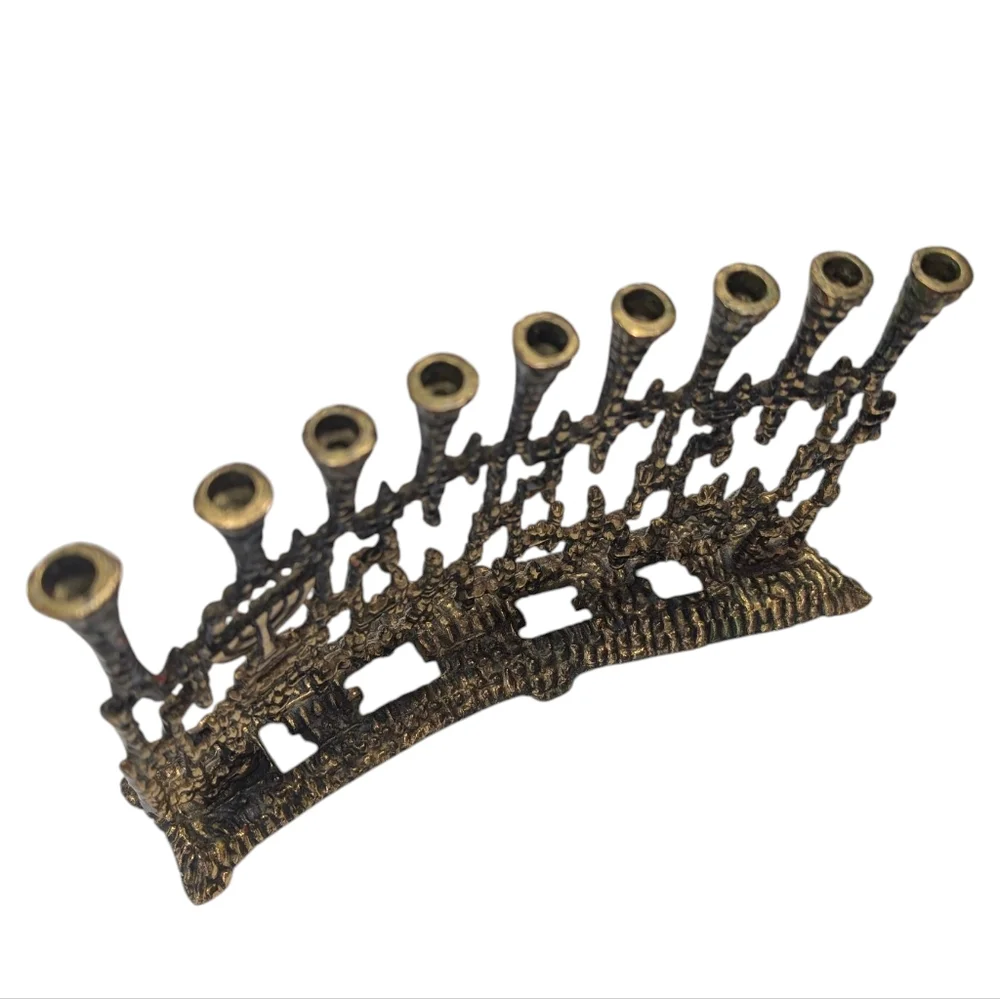Vintage Israeli Brutalist Brass Hanukkah Mennorah, 9 Branched Candelabrum